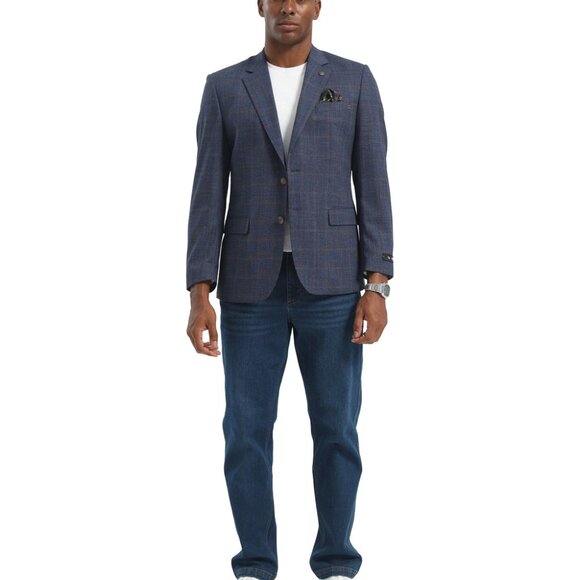 Blue Textured Windowpane Notch Lapel Slim Fit Tazzio Men's Jacket - Picture 4 of 4